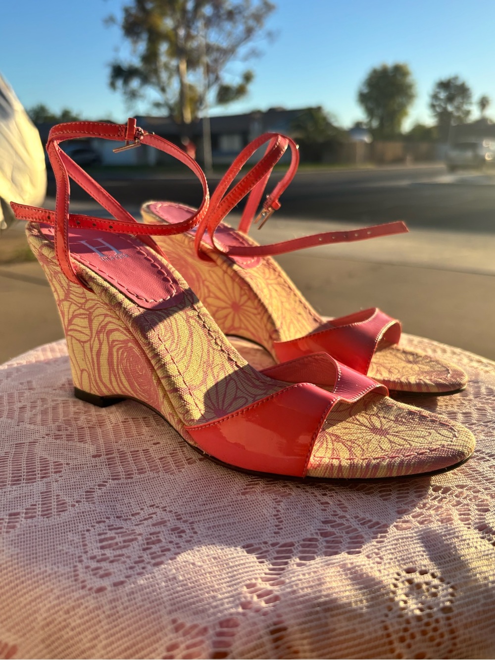 Tommy Hilfiger Coral Patent Wedge Sandals with Floral Pattern